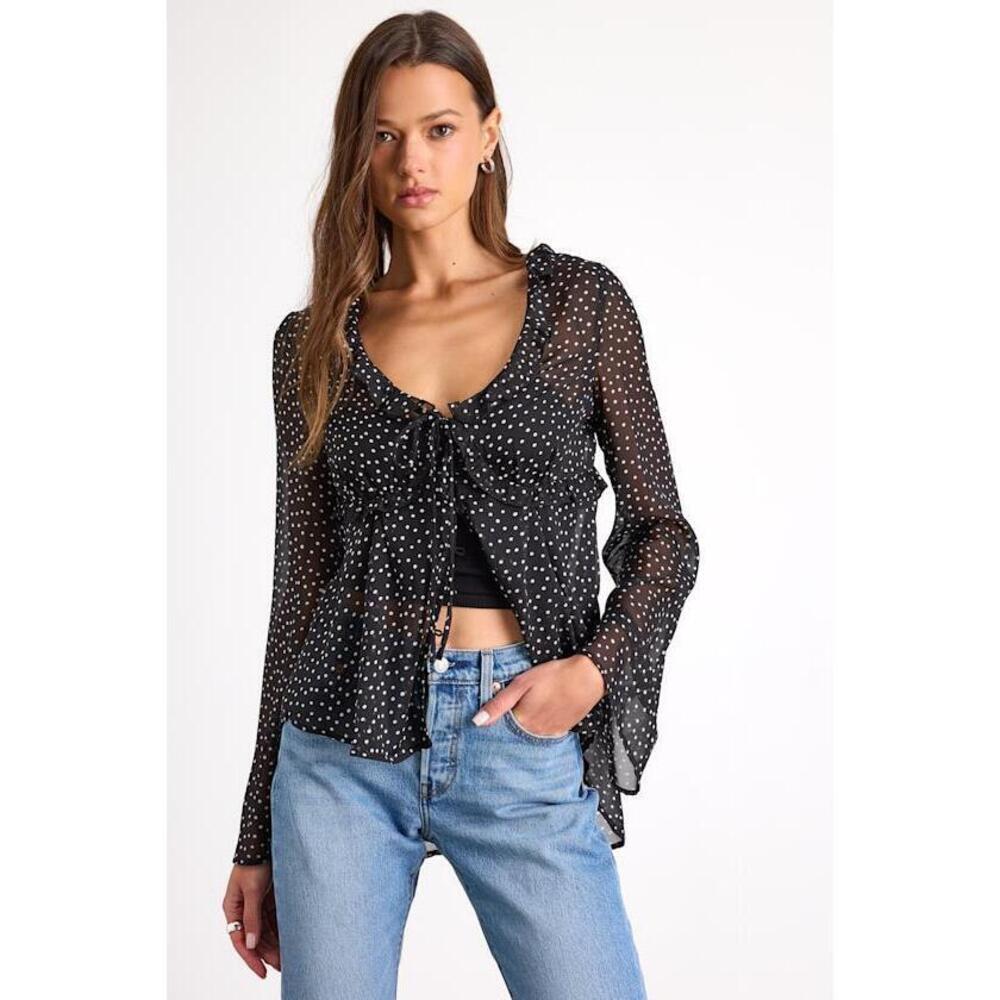 Lulus Laelia Black Polka Dot Sheer Tie-front Long Sleeve Top - Size M